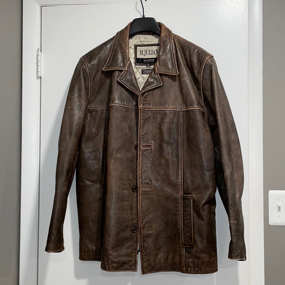 Mens brow leather coat, size L.
